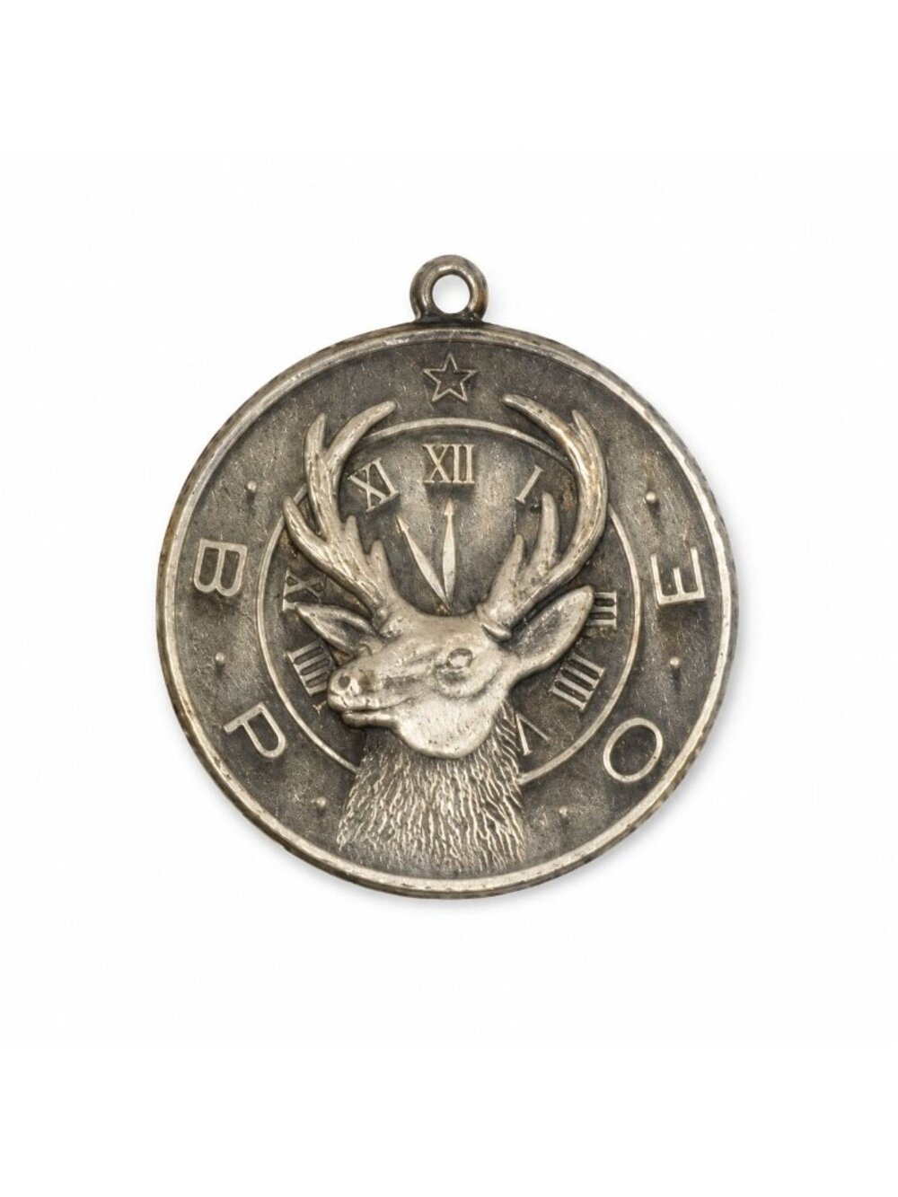 TS Vintage BPOE Elks Stag Clock Medallion Pendant Charm Silver Tone 9.70g